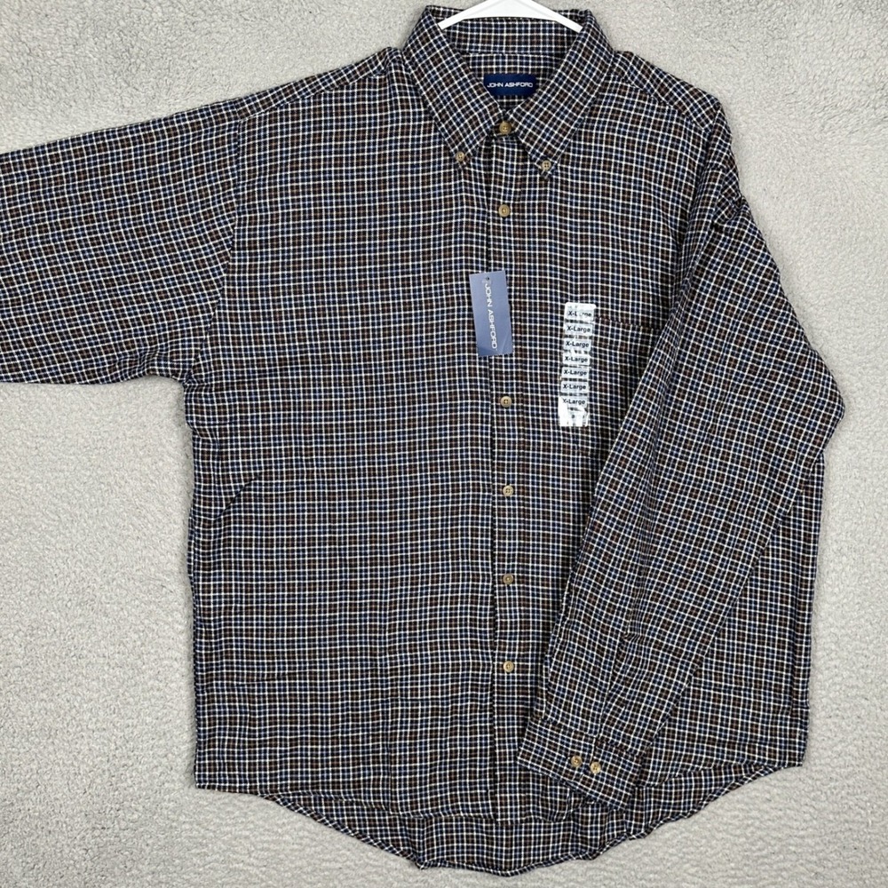 NEW John Ashford Shirt Mens XL Flannel Navy Blue Plaid Button Down Long Sleeve